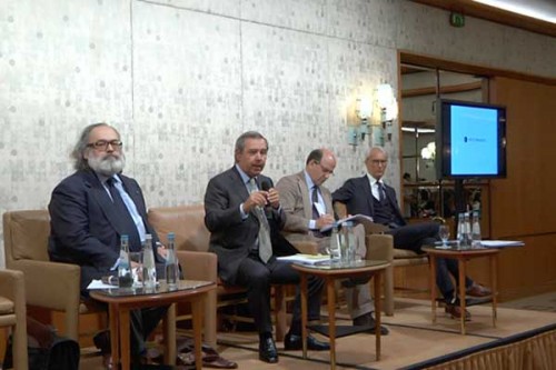 Stefano Ricci, Gaetano Marzotto, Raffaello Napoleone e Agostino Poletto - conferenza stampa Pitti Uomo 86