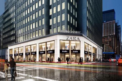 Rendering del nuovo store Zara che aprirà nel distretto finanziario di Manhattan (Fulton Transit Center)