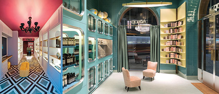 Interno della boutique Locherber e particolare di Aesop, interno della boutique Rancé
