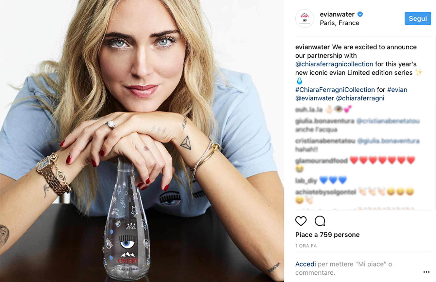 Ferragni firma anche l’acqua Evian