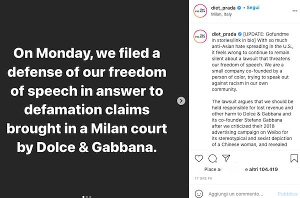 Diet Prada presenta la sua difesa contro D&G